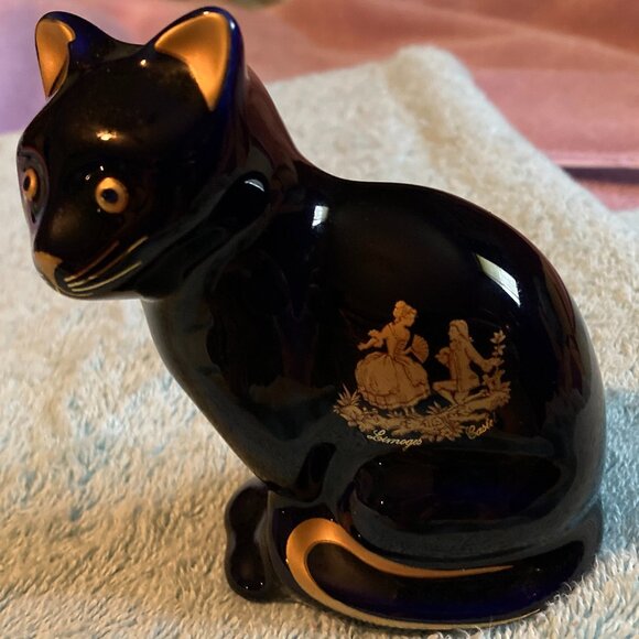 VTG Limoges Castel France Cobalt Blue Porcelain Cat/Kitten Figurine 22K Gold-NOS - Picture 9 of 10